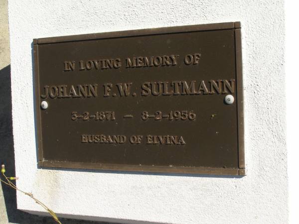 Johann F.W. SULTMANN,  | 3-2-1871 - 8-2-1956,  | husband of Elvina;  | Pimpama Island cemetery, Gold Coast  | 