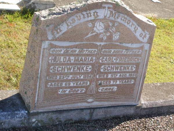 Hulda Maria SCHWENKE,  | mother,  | died 25 July 1954,  | aged 69 years;  | Carl Friedrich SCHWENKE,  | father,  | died 5 Aug 1950 aged 77 years;  | Pimpama Island cemetery, Gold Coast  | 