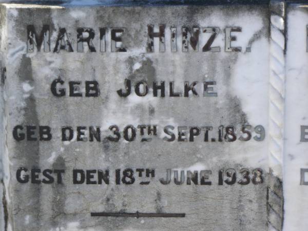 Marie HINZE (nee JOHLKE),  | born 30 Sept 1859,  | died 18 June 1938;  | Rudolph HINZE,  | born 11 Aug 1861,  | died 9 Mar 1942;  | Pimpama Island cemetery, Gold Coast  | 