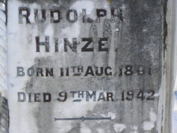 Marie HINZE (nee JOHLKE),  | born 30 Sept 1859,  | died 18 June 1938;  | Rudolph HINZE,  | born 11 Aug 1861,  | died 9 Mar 1942;  | Pimpama Island cemetery, Gold Coast  | 