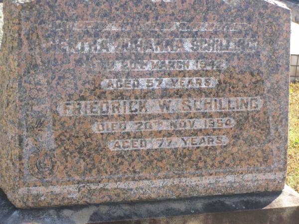 Bertha Johanna SCHILLING,  | wife mother,  | died 20 March 1942 aged 57 years;  | Friedrick W. SCHILLING,  | died 20 Nov 1954 aged 77 years;  | Pimpama Island cemetery, Gold Coast  | 