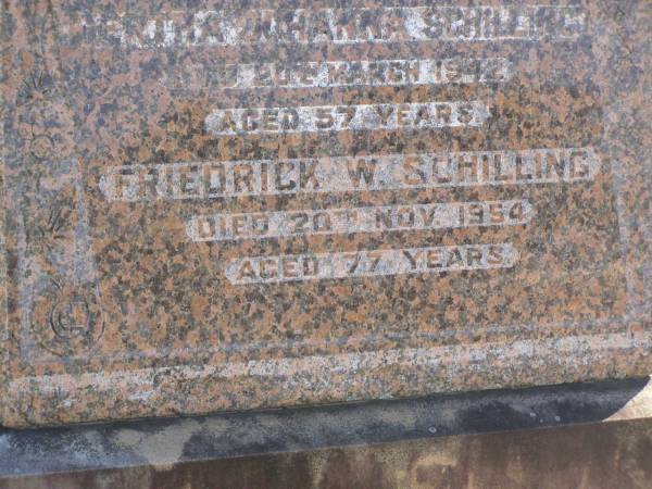 Bertha Johanna SCHILLING,  | wife mother,  | died 20 March 1942 aged 57 years;  | Friedrick W. SCHILLING,  | died 20 Nov 1954 aged 77 years;  | Pimpama Island cemetery, Gold Coast  | 