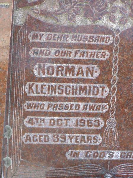 Norman KLEINSCHMIDT,  | husband father,  | died 4 Oct 1963 aged 39 years;  | Pimpama Island cemetery, Gold Coast  | 