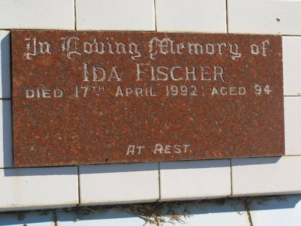 Ida FISCHER,  | died 17 April 1992 aged 94 years;  | Pimpama Island cemetery, Gold Coast  | 
