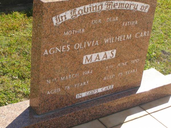 Agnes Olivia MAAS,  | mother,  | died 31 March 1984 aged 78 years;  | Wilhelm Carl MAAS,  | father,  | died 5 June 1970 aged 75 years;  | Pimpama Island cemetery, Gold Coast  | 