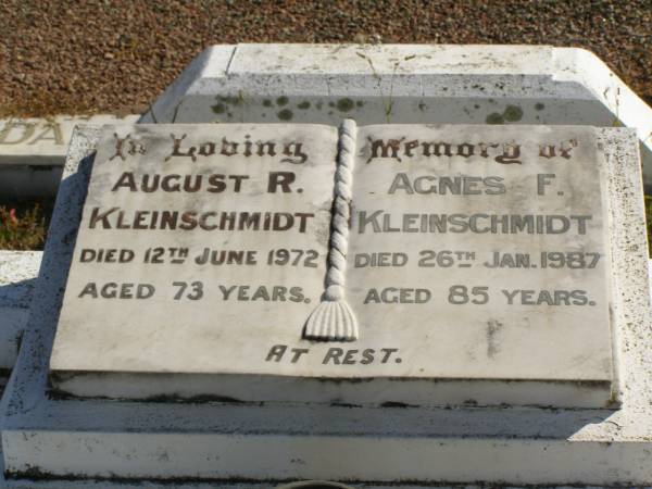 August R. KLEINSCHMIDT,  | died 12 June 1972 aged 73 years;  | Agnes F. KLEINSCHMIDT,  | died 26 Jan 1987 aged 85 years;  | Pimpama Island cemetery, Gold Coast  | 