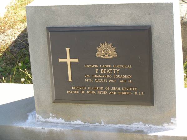 F. BEATTY,  | died 14 Aug 1989 aged 74 years,  | husband of Jean,  | father of John, Peter & Robert;  | Pimpama Island cemetery, Gold Coast  | 