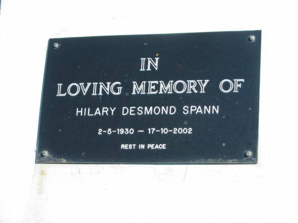 Hilary Desmond SPANN,  | 2-5-1930 -17-10-2002;  | Pimpama Island cemetery, Gold Coast  | 