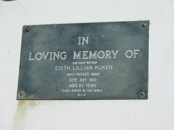 Edith Lillian KUKEN,  | mother,  | died 20 July 1982 aged 83 years;  | Pimpama Island cemetery, Gold Coast  | 