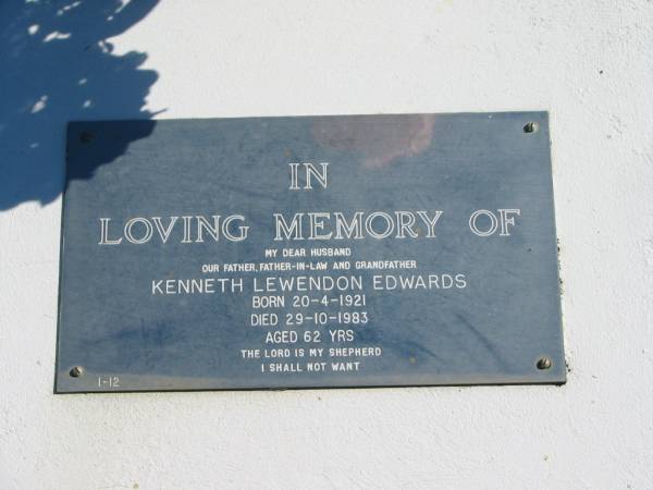 Kenneth Lewendon EDWARDS,  | husband father father-in-law grandfather,  | born 20-4-1921,  | died 29-10-1983 aged 62 years;  | Pimpama Island cemetery, Gold Coast  | 