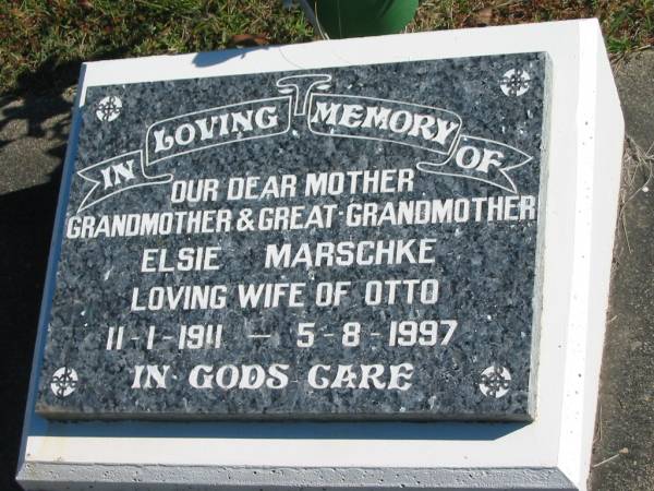 Elsie MARSCHKE,  | wife of Otto,  | mother grandmother great-grandmother,  | 11-1-1911 - 5-8-1997;  | Pimpama Island cemetery, Gold Coast  | 