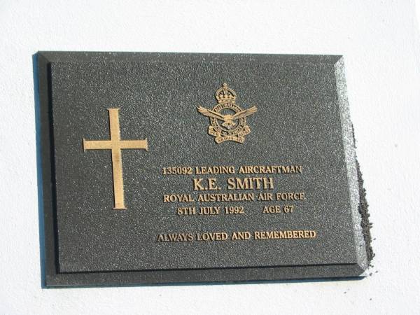 K.E. SMITH,  | died 8 July 1992 aged 67 years;  | Pimpama Island cemetery, Gold Coast  | 