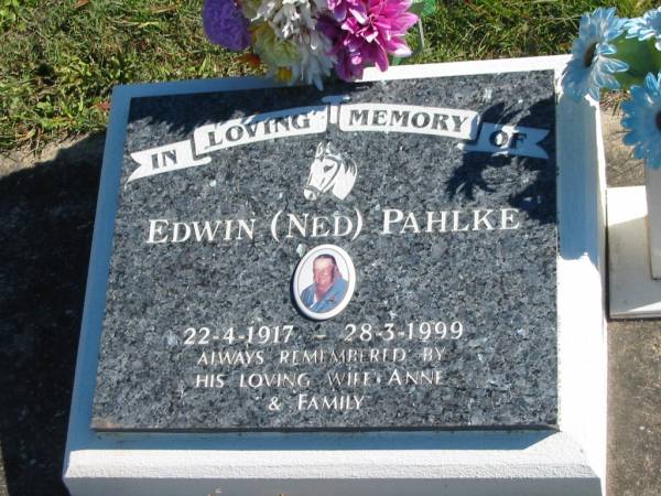 Edwin (Ned) PAHLKE,  | 22-4-1917 - 28-3-1999,  | wife Anne;  | Pimpama Island cemetery, Gold Coast  | 