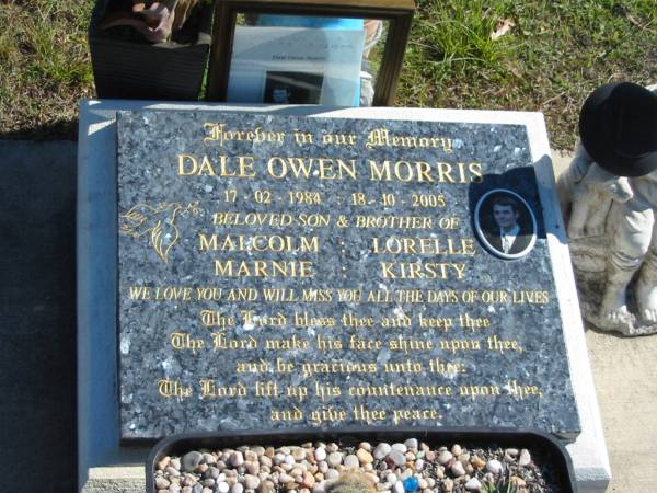 Dale Owen MORRIS,  | 17-02-1984 - 18-10-2005,  | son & brother of Malcolm, Lorelle, Marnie & Kirsty;  | Pimpama Island cemetery, Gold Coast  | 