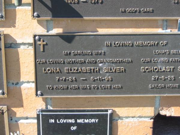 Lona Elizabeth SILVER,  | wife mother grandmother,  | 7-7-24 - 6-11-96;  | Scholast Standly SILVER,  | husband of Lona,  | father grandfather,  | 27-6-25 - 23-4-00;  | Pimpama Island cemetery, Gold Coast  | 