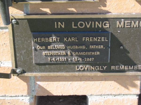 Herbert Karl FRENZEL,  | husband father stepfather grandfather;  | Pimpama Island cemetery, Gold Coast  | 