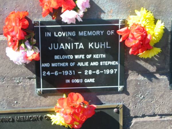 Juanita KUHL,  | wife of Keith,  | mother of Julie & Stephen,  | 24-6-1931 - 28-6-1997;  | Pimpama Island cemetery, Gold Coast  | 