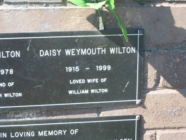 William WILTON,  | 1902 - 1978,  | husband of Daisy Weymouth WILTON;  | Daisy Weymouth WILTON,  | 191 - 1999,  | wife of William WILTON;  | Pimpama Island cemetery, Gold Coast  | 