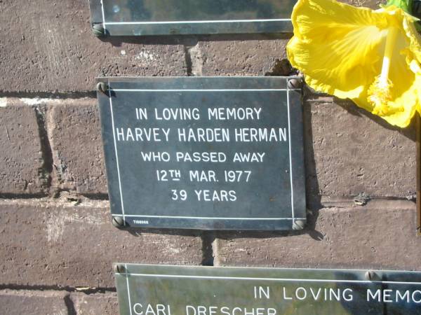 Harvey Harden HERMAN,  | died 12 Mar 1977 aged 39 years;  | Pimpama Island cemetery, Gold Coast  | 