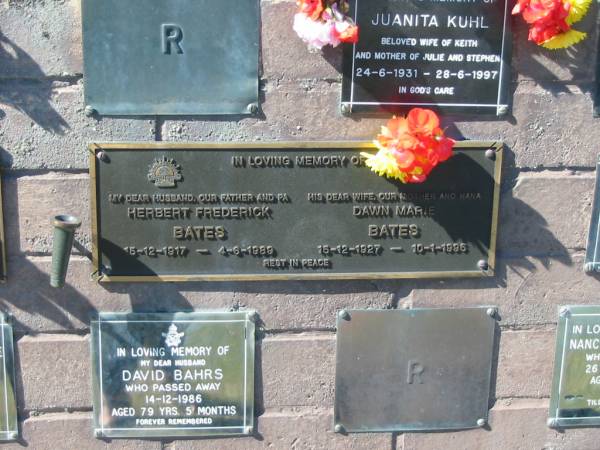 Herbert Frederick BATES,  | husband father pa,  | 15-12-1917 - 4-6-1989;  | Dawn Marie BATES,  | wife mother nana,  | 15-12-1927 - 10-1-1995;  | Pimpama Island cemetery, Gold Coast  | 