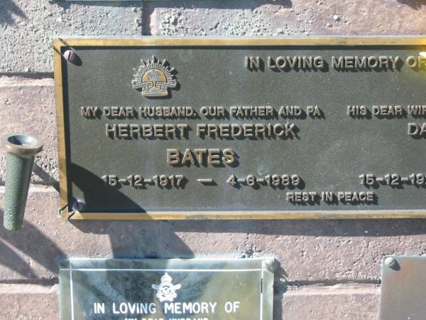 Herbert Frederick BATES,  | husband father pa,  | 15-12-1917 - 4-6-1989;  | Dawn Marie BATES,  | wife mother nana,  | 15-12-1927 - 10-1-1995;  | Pimpama Island cemetery, Gold Coast  | 