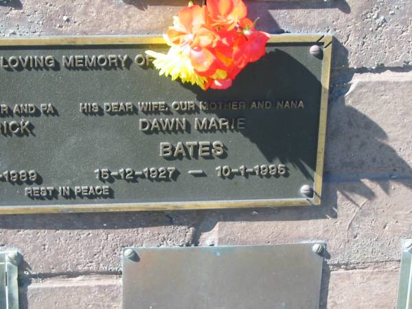 Herbert Frederick BATES,  | husband father pa,  | 15-12-1917 - 4-6-1989;  | Dawn Marie BATES,  | wife mother nana,  | 15-12-1927 - 10-1-1995;  | Pimpama Island cemetery, Gold Coast  | 