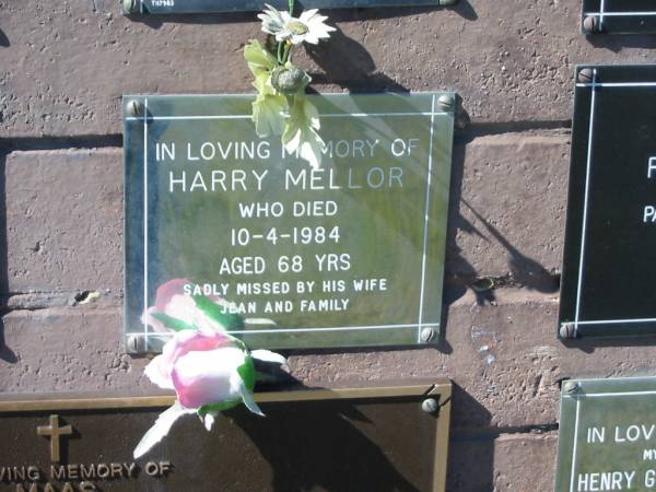 Harry MELLOR,  | died 10-4-1984 aged 68 years,  | wife Jean;  | Pimpama Island cemetery, Gold Coast  | 