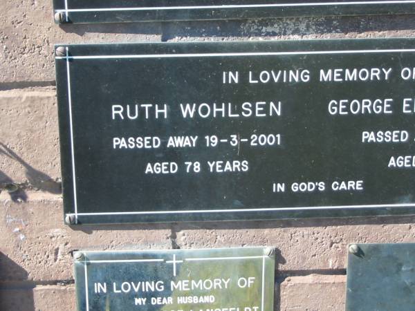 Ruth WOHLSEN,  | died 19-3-2001 aged 78 years;  | George Edward WOHLSEN,  | died 3-8-1979 aged 65 years;  | Pimpama Island cemetery, Gold Coast  | 