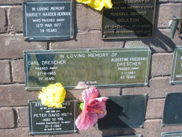 Carl DRESCHER,  | died 27-4-1965 aged 77 years;  | Albertine Friederike DRESCHER,  | died 3-1-1987 aged 93 years;  | Pimpama Island cemetery, Gold Coast  | 