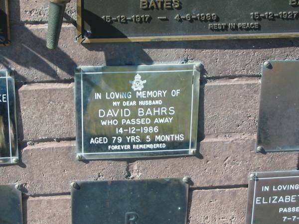 David BAHRS,  | husband,  | died 14-12-1986 aged 79 years 5 months;  | Pimpama Island cemetery, Gold Coast  | 