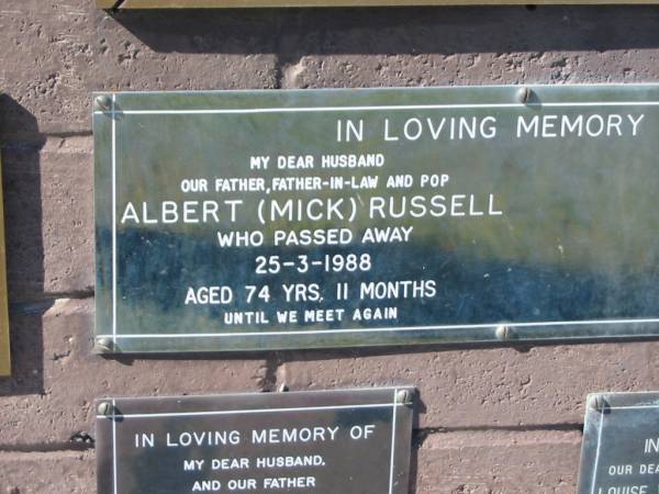 Albert (Mick) RUSSELL,  | husband father father-in-law pop,  | died 25-3-1988 aged 74 years 11 months;  | Pimpama Island cemetery, Gold Coast  | 