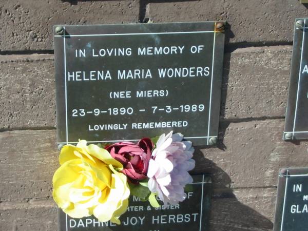 Helena Maria WONDERS (nee MIERS),  | 23-9-1890 - 7-3-1989;  | Pimpama Island cemetery, Gold Coast  | 