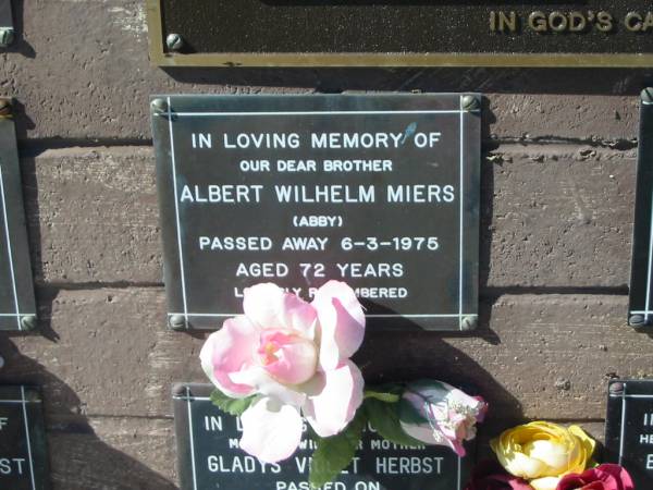 Albert Wilhelm (Abby) MIERS,  | brother,  | died 6-3-1975 aged 72 years;  | Pimpama Island cemetery, Gold Coast  |   | 