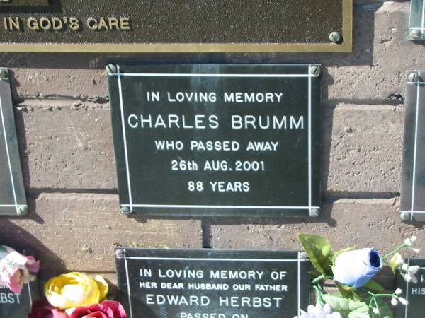 Charles BRUMM,  | died 26 Aug 2001 aged 88 years;  | Pimpama Island cemetery, Gold Coast  | 