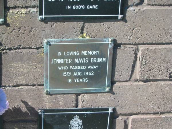 Jennifer Mavis BRUMM,  | died 15 Aug 1962 aged 16 years;  | Pimpama Island cemetery, Gold Coast  | 