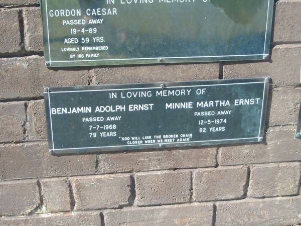 Benjamin Adolph ERNST,  | died 7-7-1968 aged 79 years;  | Minnie Martha ERNST,  | died 12-5-1974 aged 82 years;  | Pimpama Island cemetery, Gold Coast  | 