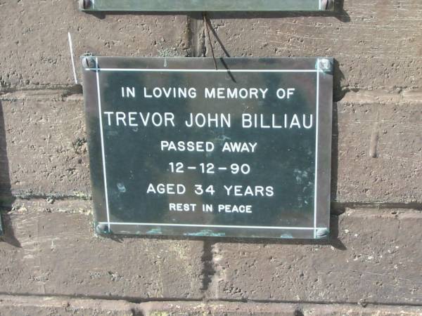 Trevor John BILLIAU,  | died 12-12-90 aged 34 years;  | Pimpama Island cemetery, Gold Coast  | 