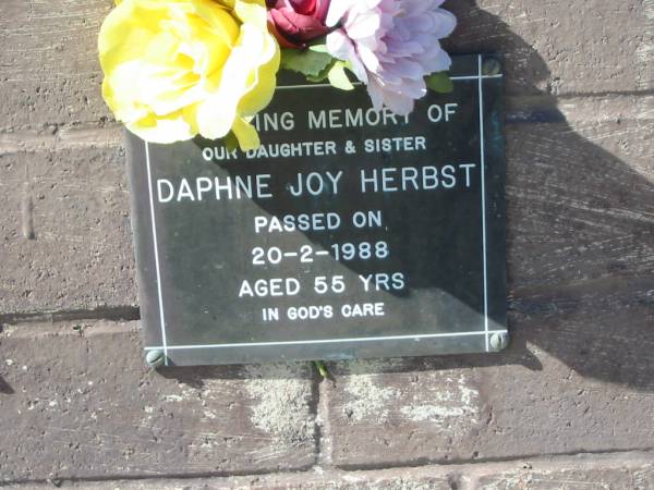 Daphne Joy HERBST,  | daughter sister,  | died 20-2-1988 aged 55 years;  | Pimpama Island cemetery, Gold Coast  | 