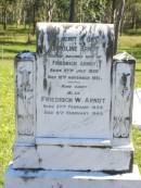 
Caroline ARNDT,
wife of Friedrich ARNDT,
born 27 July 1858,
died 12 Nov 1931;
Friedrich W. ARNDT,
born 20 Feb 1858,
died 4 Feb 1945;
Pimpama Island cemetery, Gold Coast
