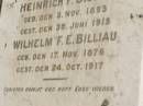 Anna W.Chr. BILLIAU, born 6 April 1878, died 30 Nov 1895; Esther L. BILLIAU, born 6 Sept 1882, died 24 Jan 1912; Heinrich F. BILLIAU, born 3 Nov 1893, died 30 June 1915; Wilhelm F.E. BILLIAU, born 17 Nov 1876, died 24 Oct 1917; Pimpama Island cemetery, Gold Coast 