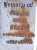 Carl F.W. BILLIAU, husband, born 14 June 1870, died 2 Oct 1948; Pauline Anna BILLIAU, died 22 Sept 1976 aged 88 years; Pimpama Island cemetery, Gold Coast 