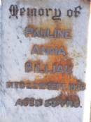 Carl F.W. BILLIAU,
husband,
born 14 June 1870,
died 2 Oct 1948;
Pauline Anna BILLIAU,
died 22 Sept 1976 aged 88 years;
Pimpama Island cemetery, Gold Coast