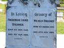 Friedericke Louise BREHMER,
born 8 Nov 1843,
died 9 Jan 1929;
Wilhelm BREHMER,
born 6 March 1839,
died 27 July 1926;
Pimpama Island cemetery, Gold Coast