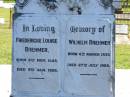 
Friedericke Louise BREHMER,
born 8 Nov 1843,
died 9 Jan 1929;
Wilhelm BREHMER,
born 6 March 1839,
died 27 July 1926;
Pimpama Island cemetery, Gold Coast
