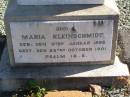 Arthur KLEINSCHMIDT,
born 9 July 1895,
died 29 June 1896;
Maria KLEINSCHMIDT,
born 9 Jan 1892,
died 25 Oct 1901;
Pimpama Island cemetery, Gold Coast