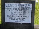 
Herman Wilhelm SCHMIDT,
husband father,
born 28 Dec 1890,
died 12 Feb 1953;
Clara Ida SCHMIDT,
mother,
died 15 June 1956 aged 55 years;
Pimpama Island cemetery, Gold Coast
