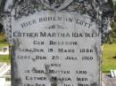 Esther Martha Ida IKER (nee BRESSOW), born 19 March 1886, died 29 July 1910; Esther Maria IKER, born 26 July 1910, died 30 July 1910; remembered by H. IKER & the BRESSOW family; Pimpama Island cemetery, Gold Coast 