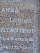 Johann Gottleib KLEINSCHMIDT,
father,
died 30 July 1946 aged 78 years;
Anne Louise KLEINSCHMIDT,
mother,
died 3 Feb 1948 aged 72 years;
Pimpama Island cemetery, Gold Coast