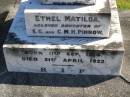Ethel Matilda,
daughter of E.G. & C.M.H. PINNOW,
born 11 Sept 1914,
died 21 April 1922;
Pimpama Island cemetery, Gold Coast