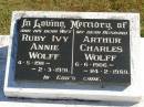 Ruby Ivy Annie WOLFF, wife, 4-5-1911 - 2-3-1991; Arthur Charles WOLFF, husband, 6-6-1906 - 24-2-1989; Pimpama Island cemetery, Gold Coast 